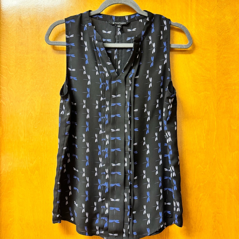 41 Hawthorn Black and Blue Dragonfly Print Blouse EUC Size M